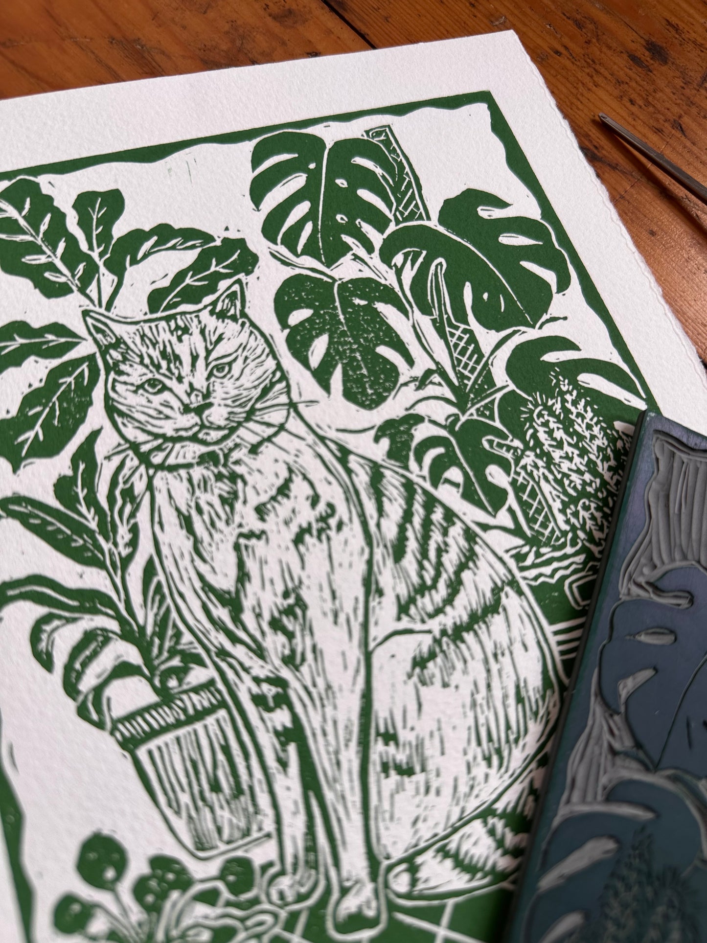 Original Linocut ‘Monty amongst plants’ print.