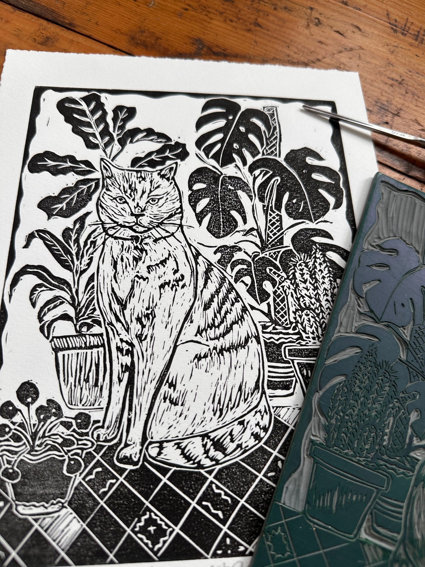 Original Linocut ‘Monty amongst plants’ print.