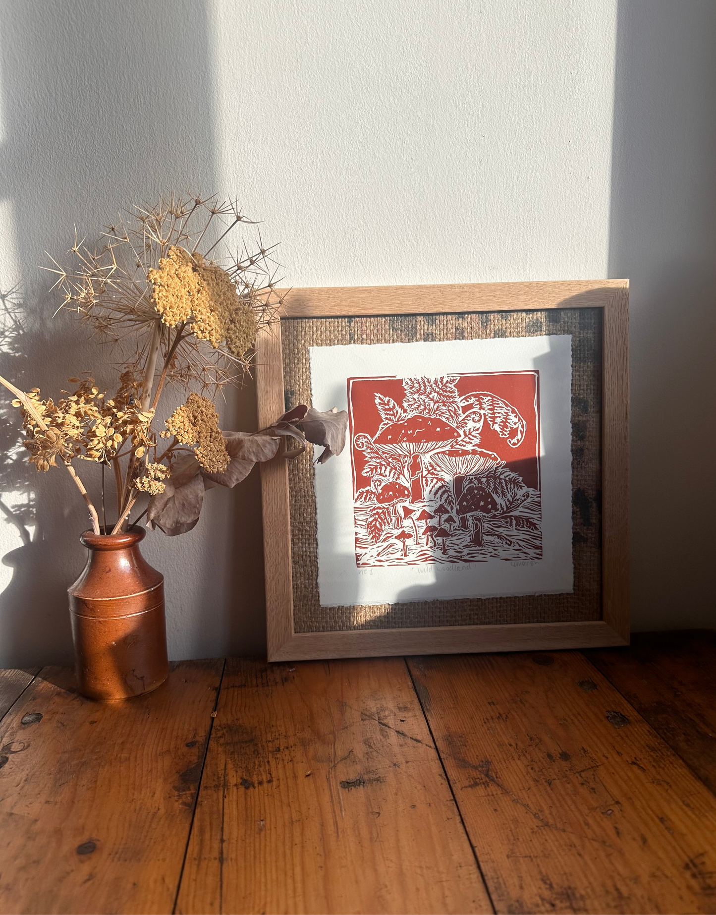 Original Linocut ‘Wild Woodland’ Mushroom and fern print