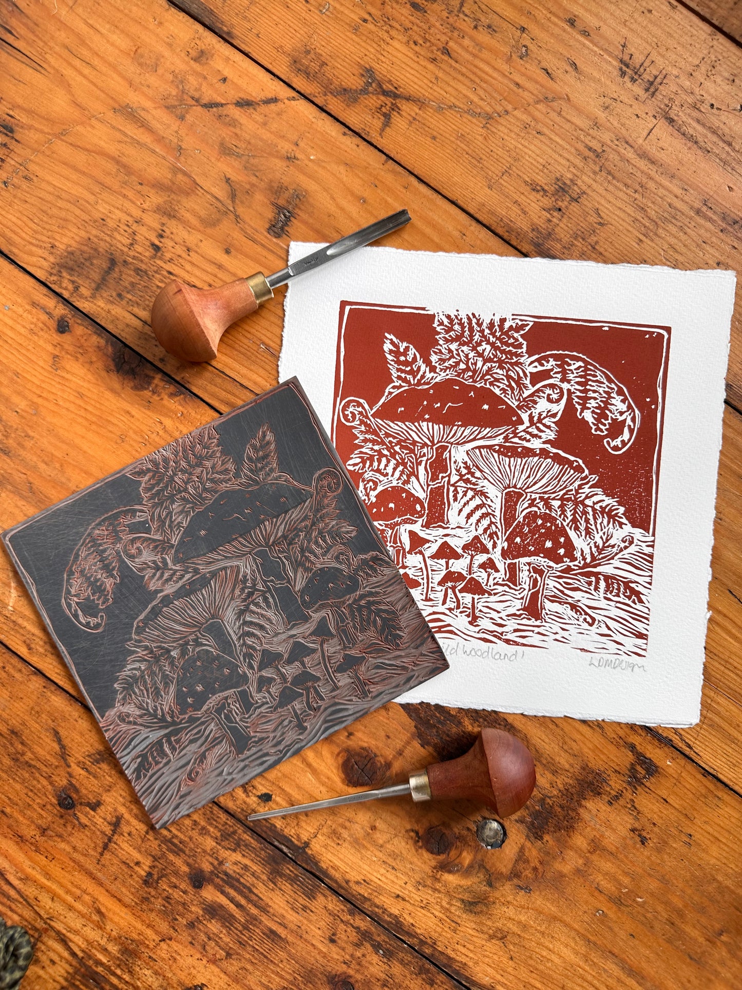 Original Linocut ‘Wild Woodland’ Mushroom and fern print