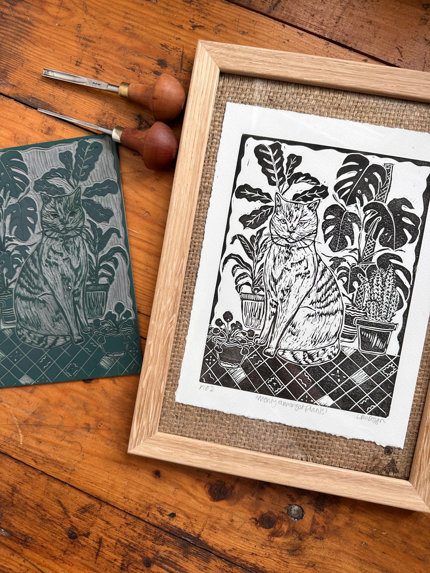 Original Linocut ‘Monty amongst plants’ print.