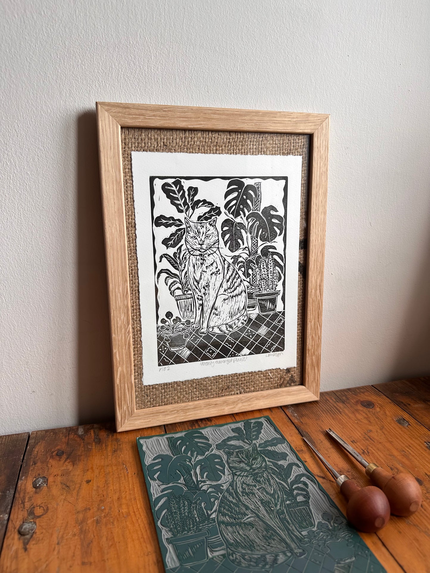 Original Linocut ‘Monty amongst plants’ print.