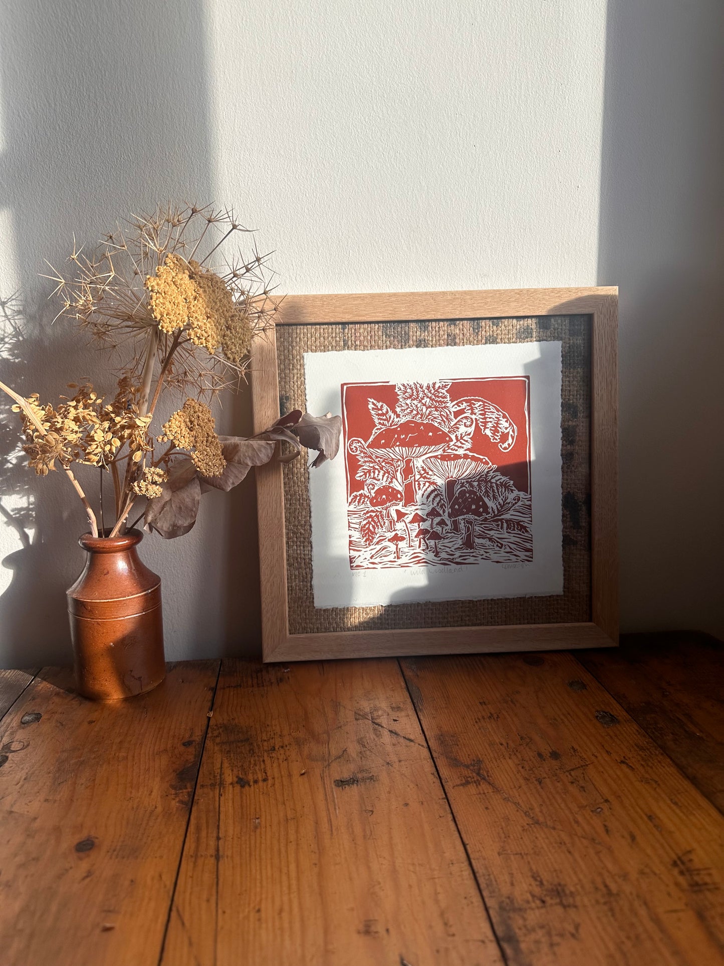 Original Linocut ‘Wild Woodland’ Mushroom and fern print