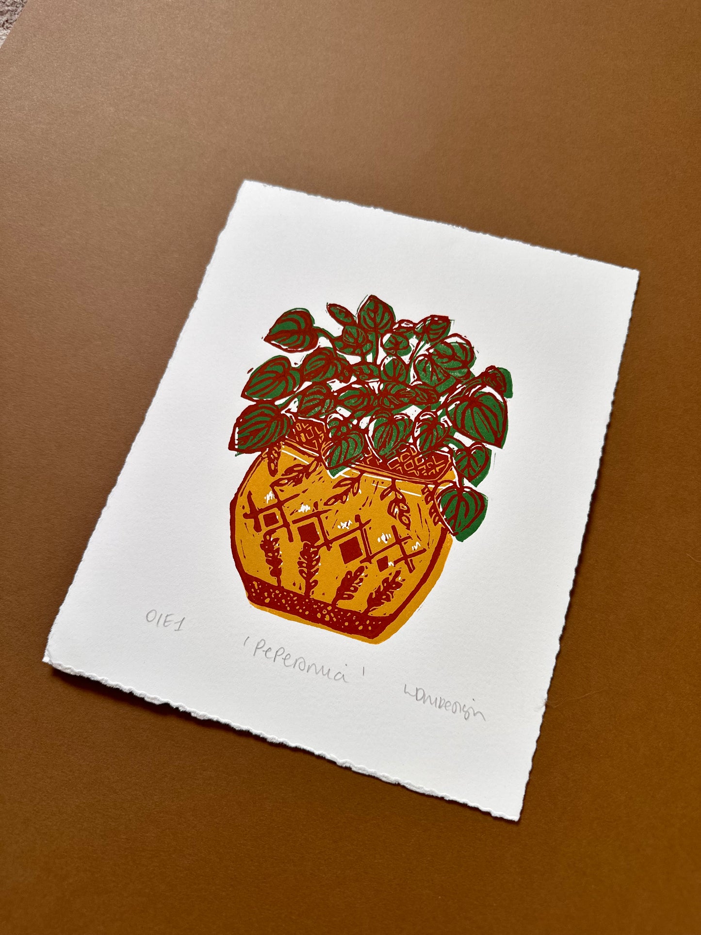 Original Linocut print ‘peperomia’ House plant