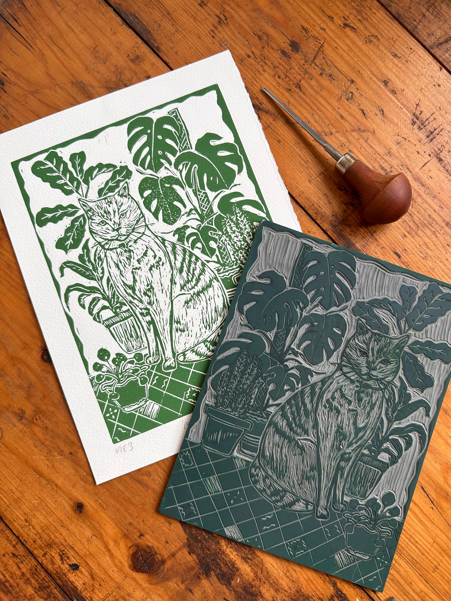 Original Linocut ‘Monty amongst plants’ print.