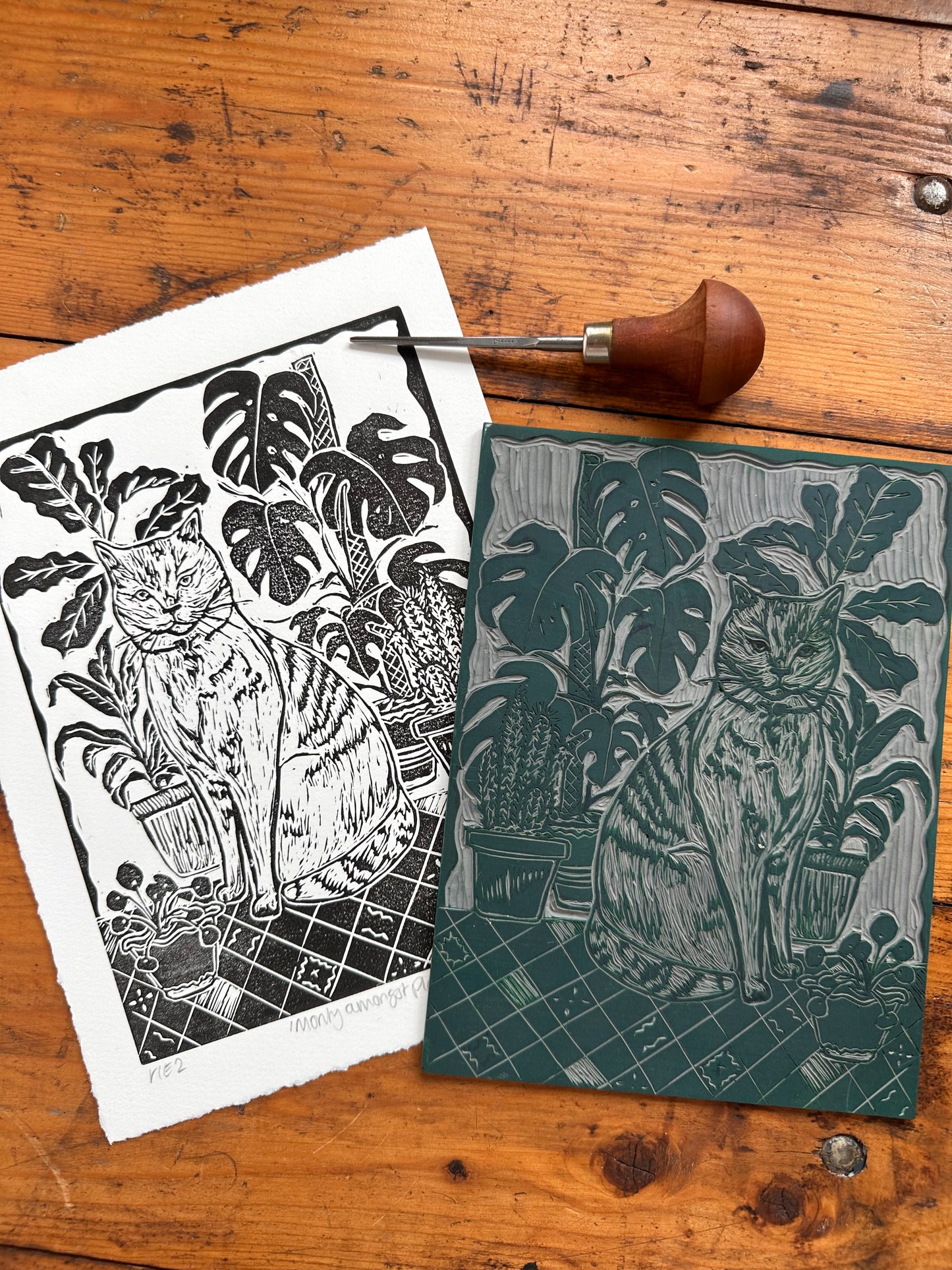 Original Linocut ‘Monty amongst plants’ print.