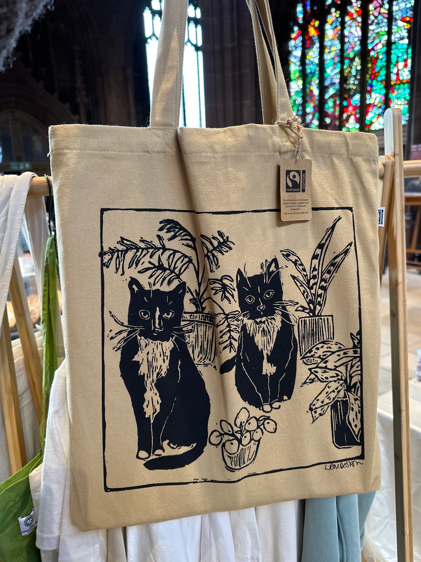 Eco friendly GOTS Organic and FairTrade Cats & Plants tote bag