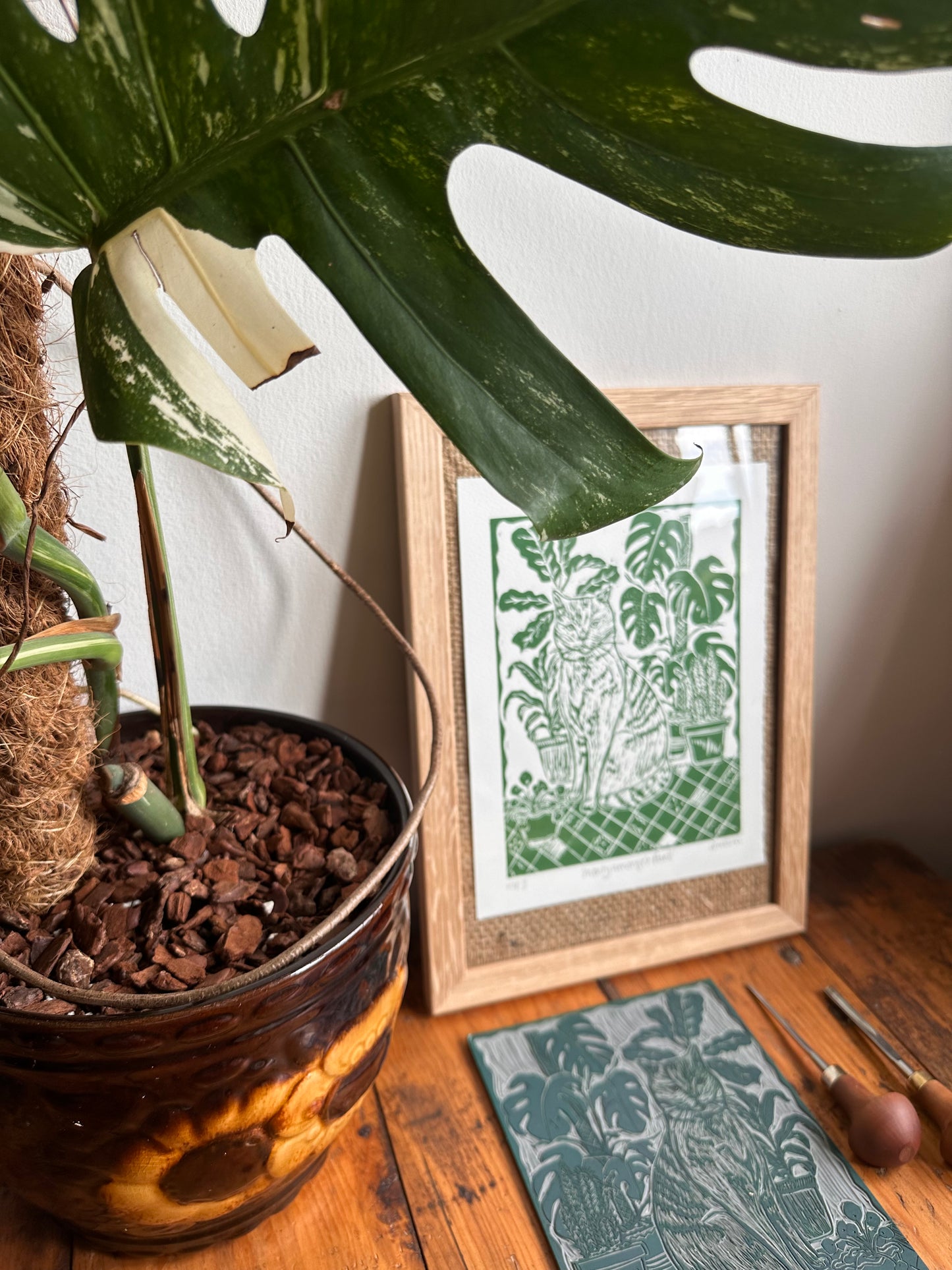 Original Linocut ‘Monty amongst plants’ print.