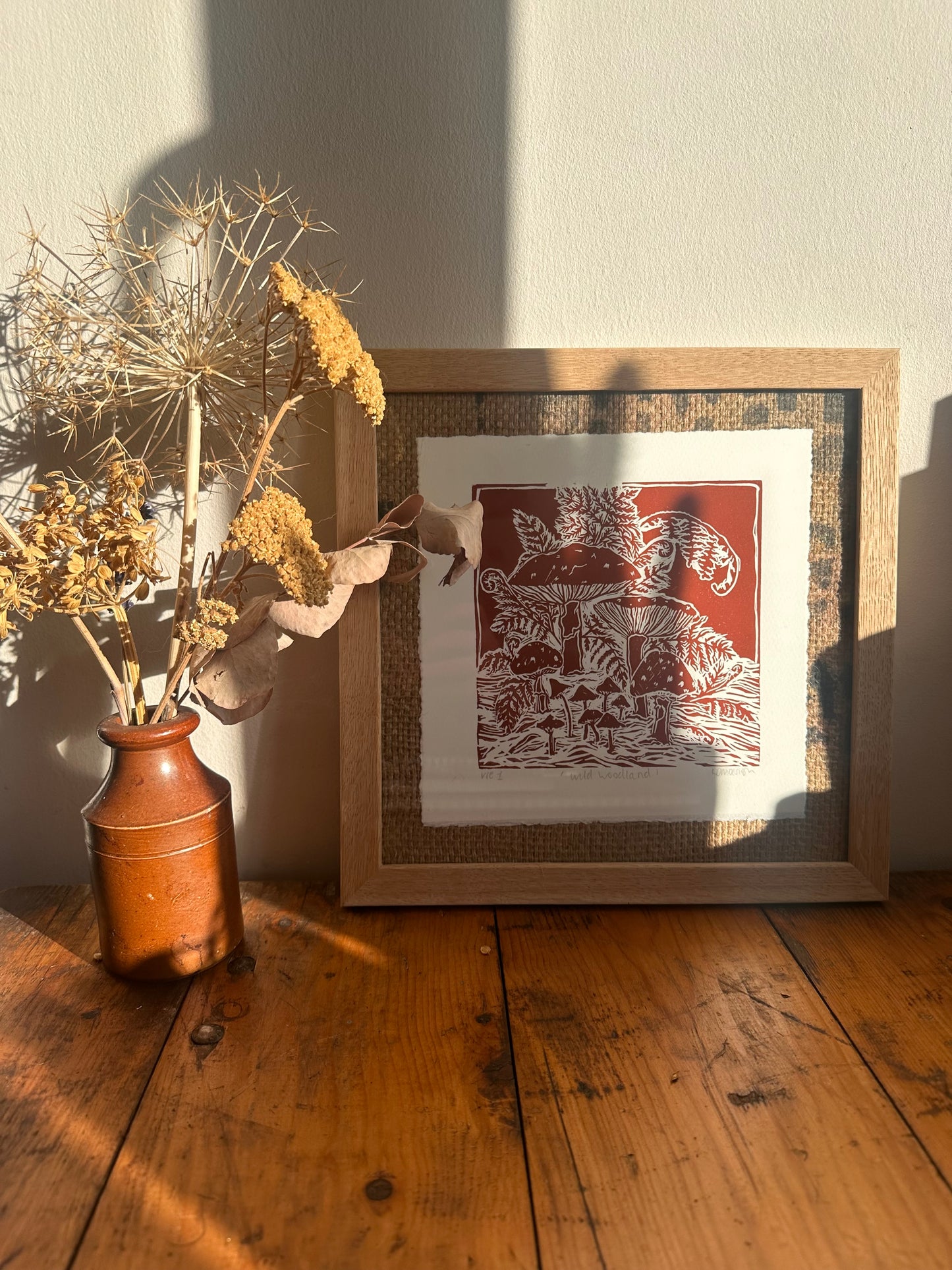 Original Linocut ‘Wild Woodland’ Mushroom and fern print