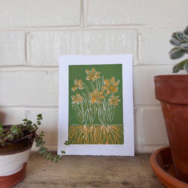 Original Woodcut ‘Narcissus' Daffodil & roots print.