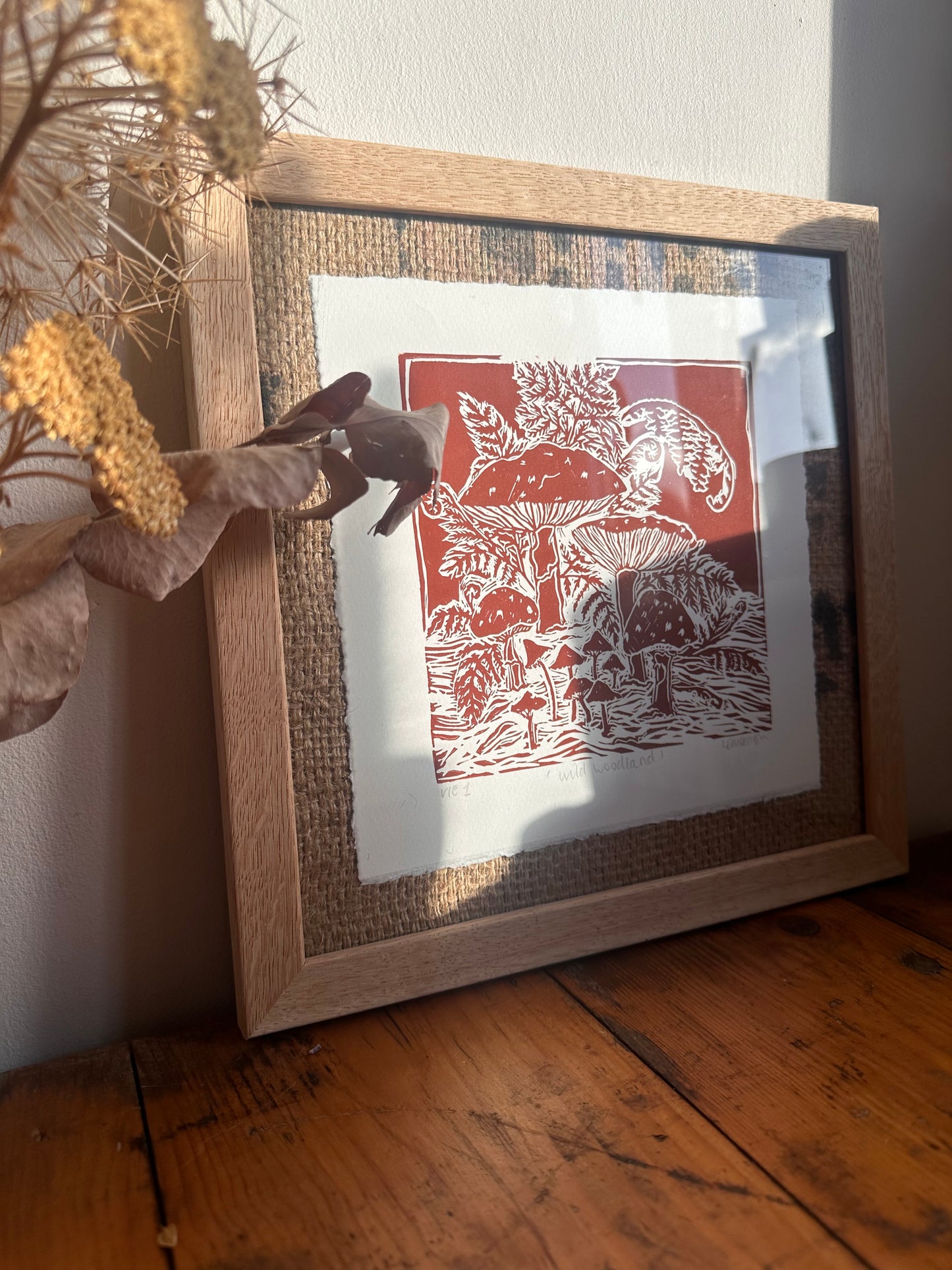 Original Linocut ‘Wild Woodland’ Mushroom and fern print