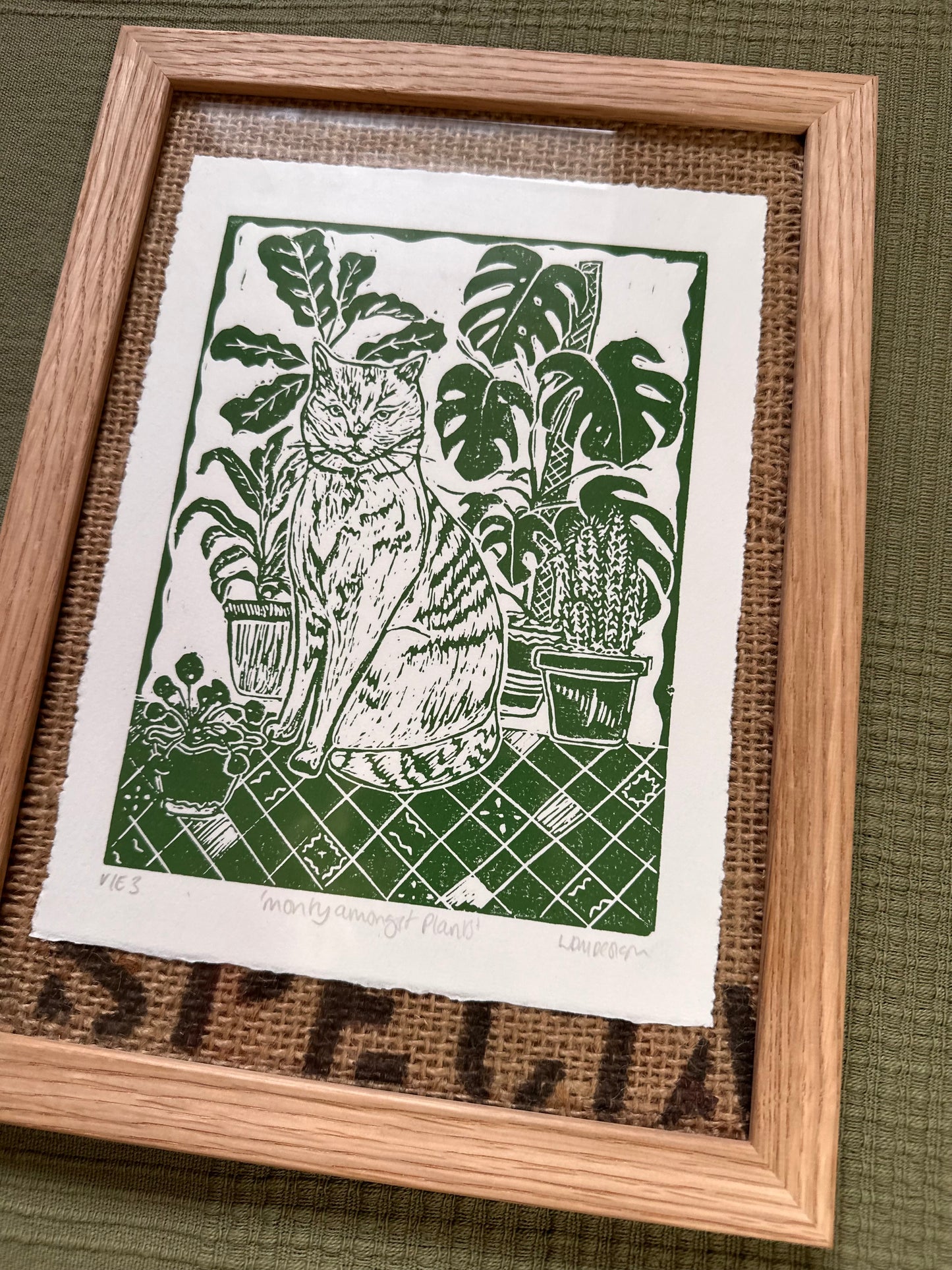 Original Linocut ‘Monty amongst plants’ print.