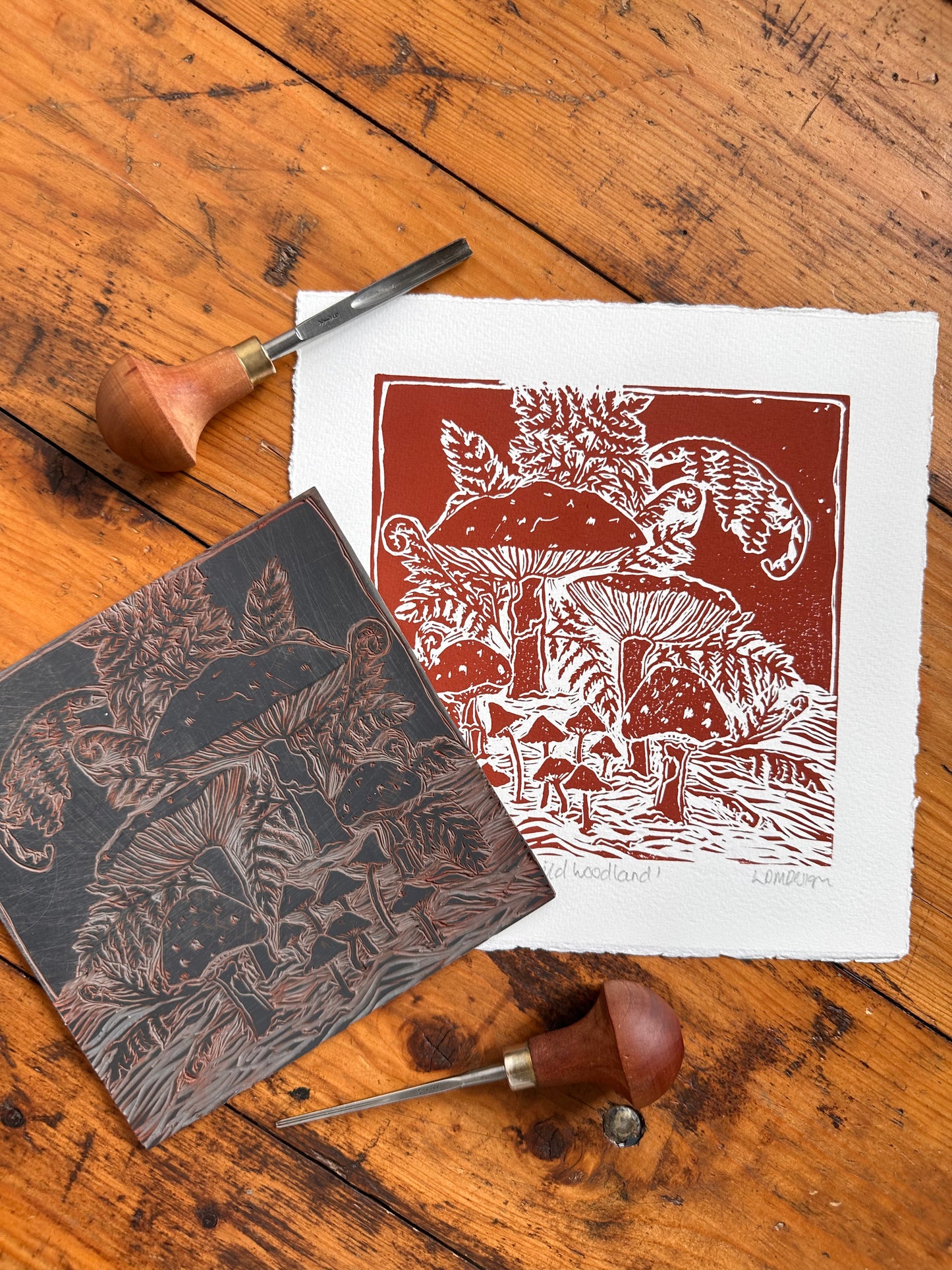 Original Linocut ‘Wild Woodland’ Mushroom and fern print