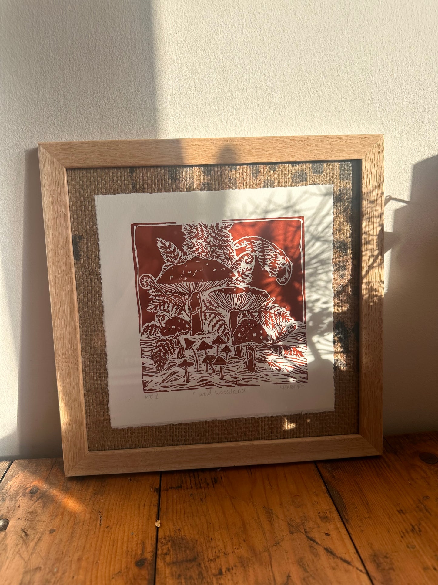 Original Linocut ‘Wild Woodland’ Mushroom and fern print