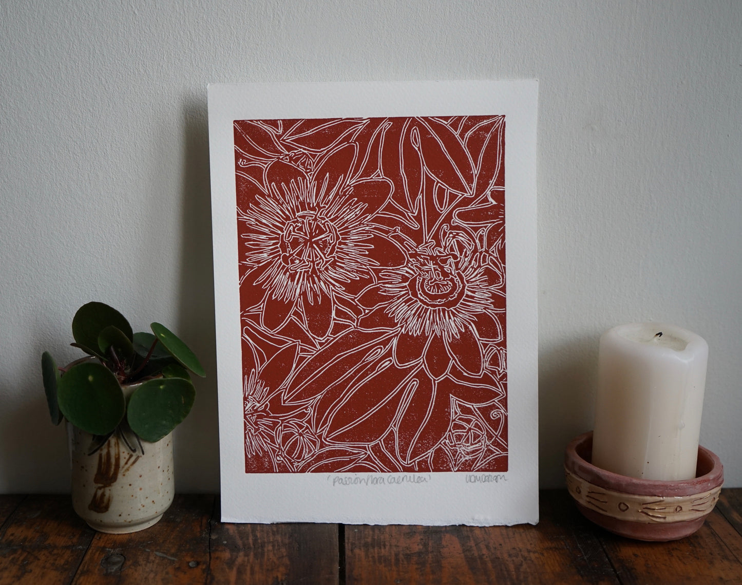 Original Linocut passion flower Print ‘Passiflora Caerulea’