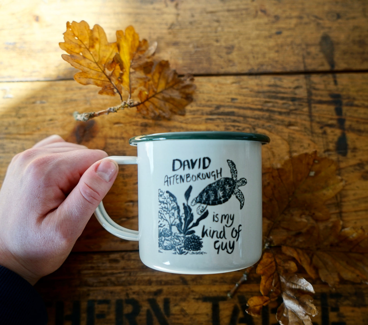 Eco friendly David Attenborough Turtle Enamel Mug.