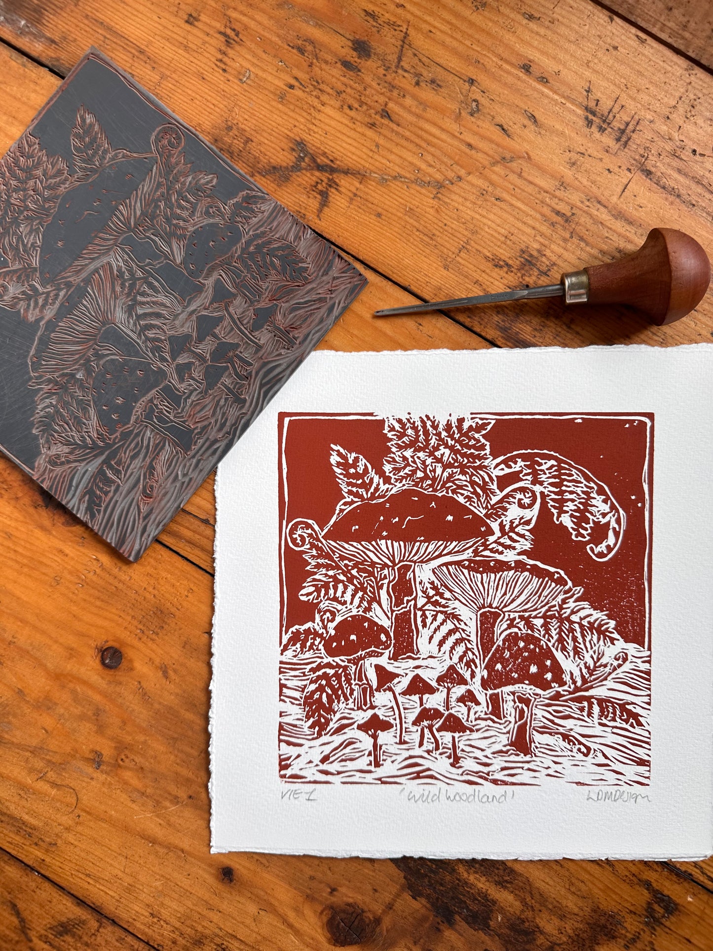 Original Linocut ‘Wild Woodland’ Mushroom and fern print