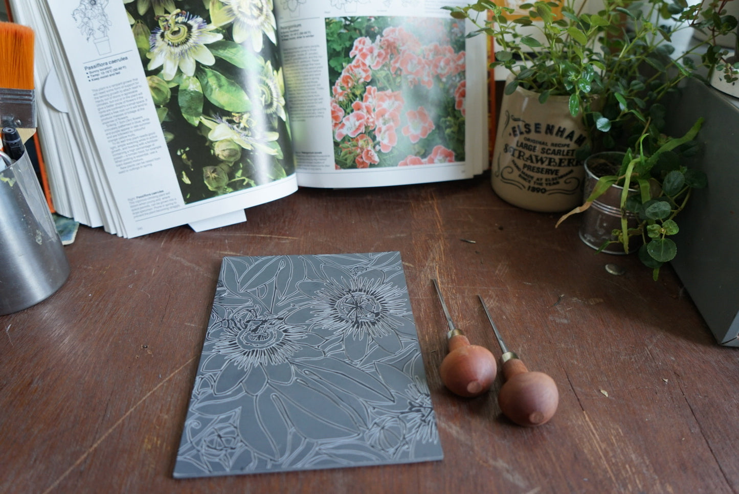 Original Linocut passion flower Print ‘Passiflora Caerulea’