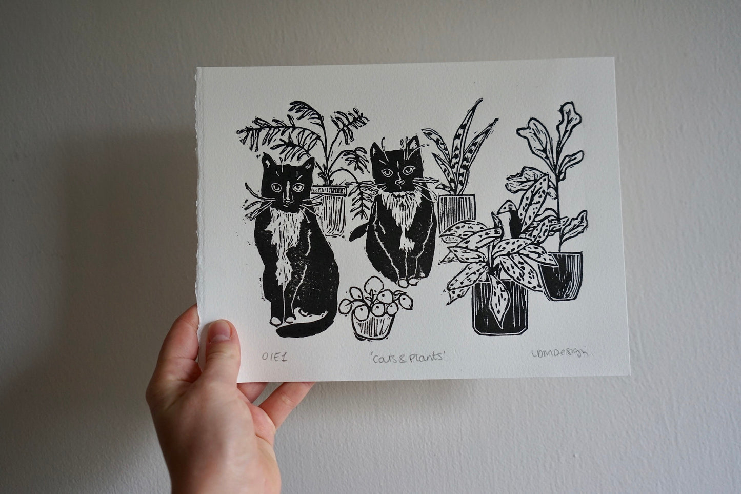 Original Linocut ‘Cats & plants’ print