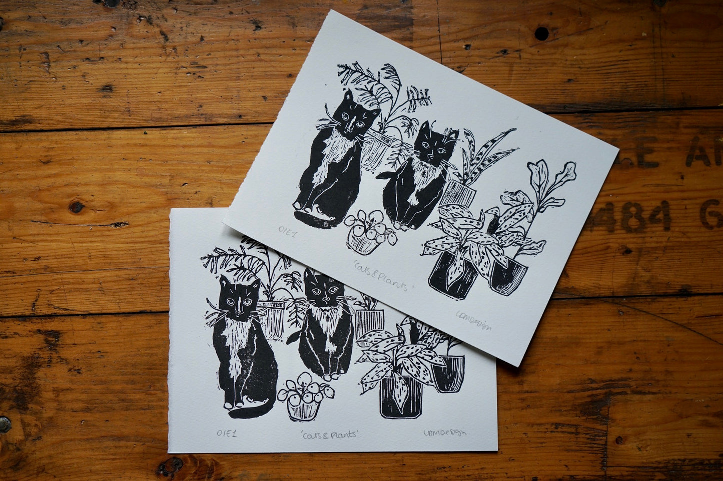 Original Linocut ‘Cats & plants’ print