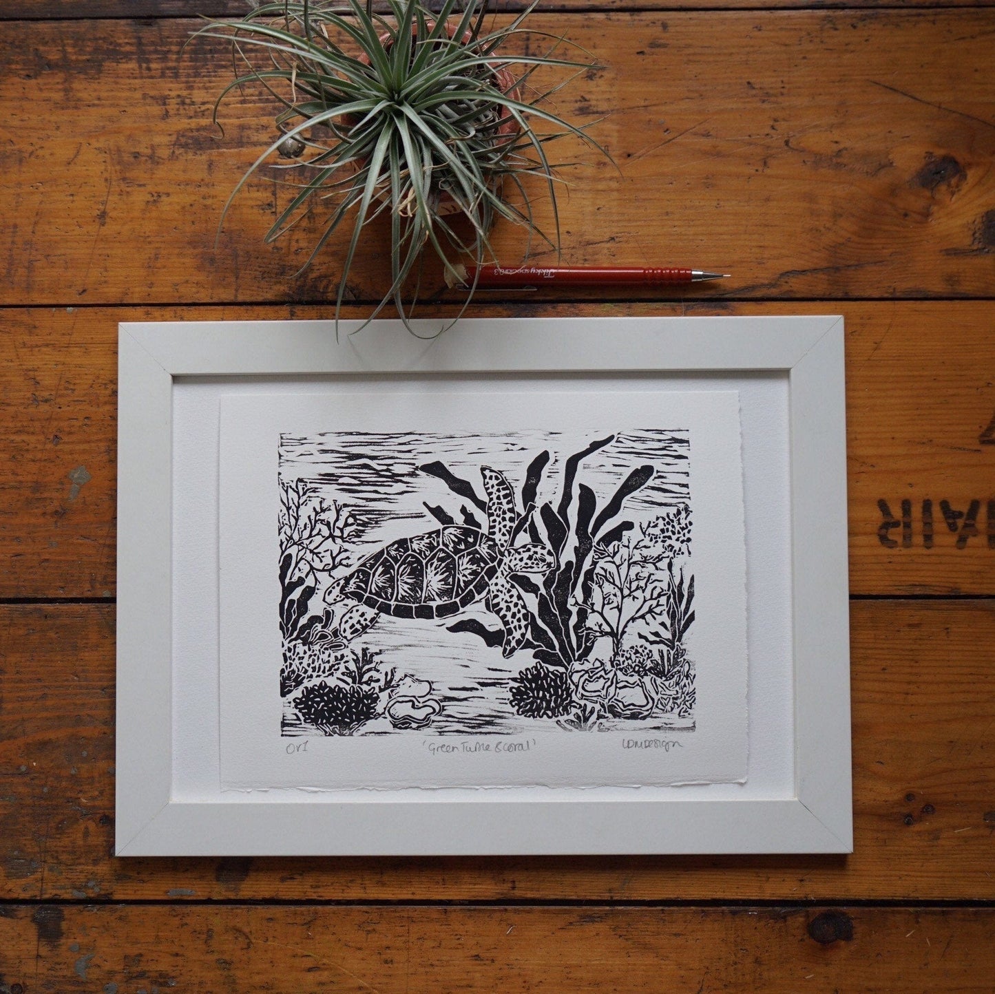 Original Linocut ‘Green Turtle & coral’ print.