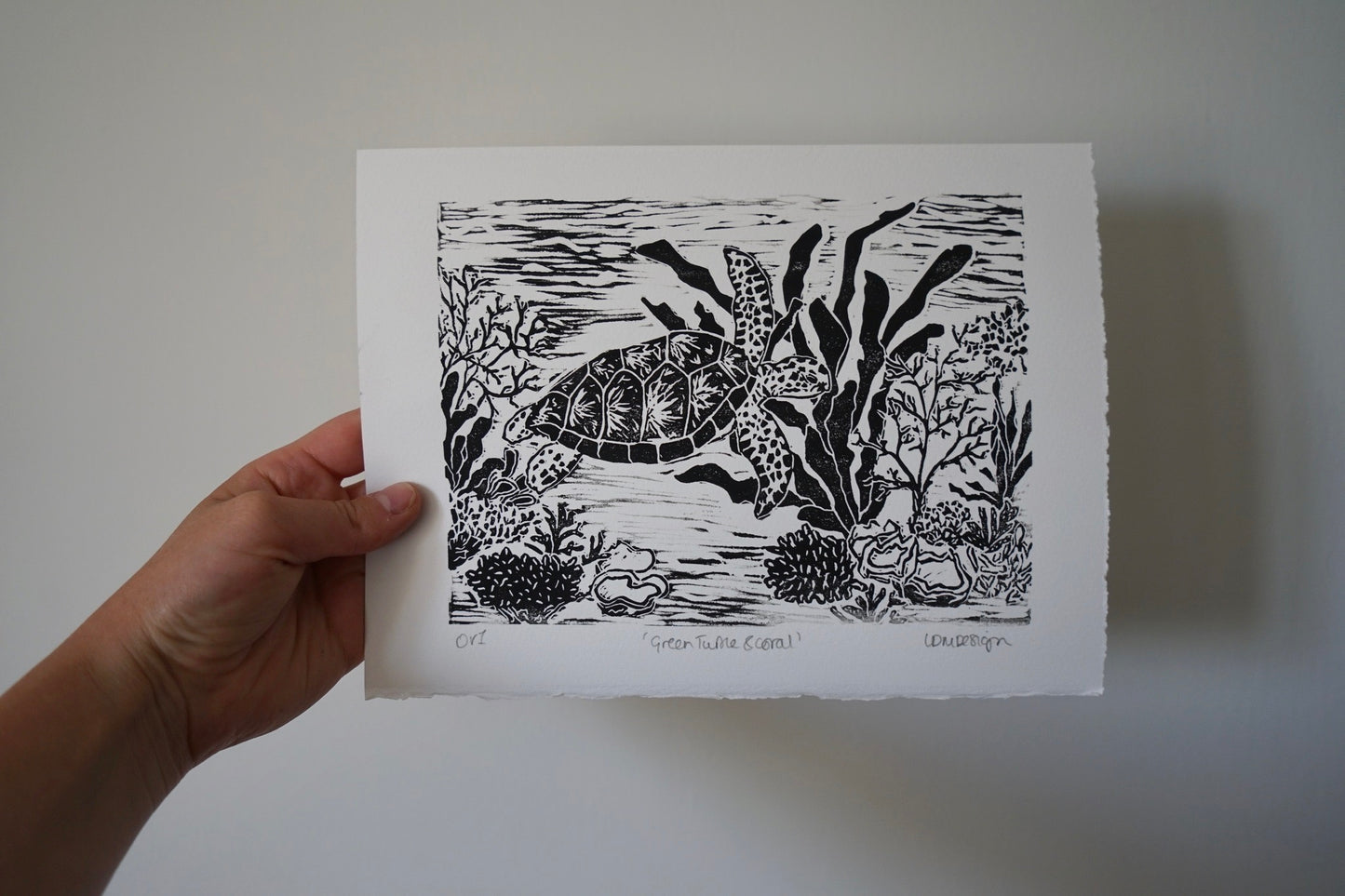 Original Linocut ‘Green Turtle & coral’ print.