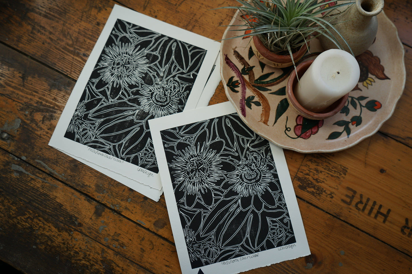 Original Linocut passion flower Print ‘Passiflora Caerulea’