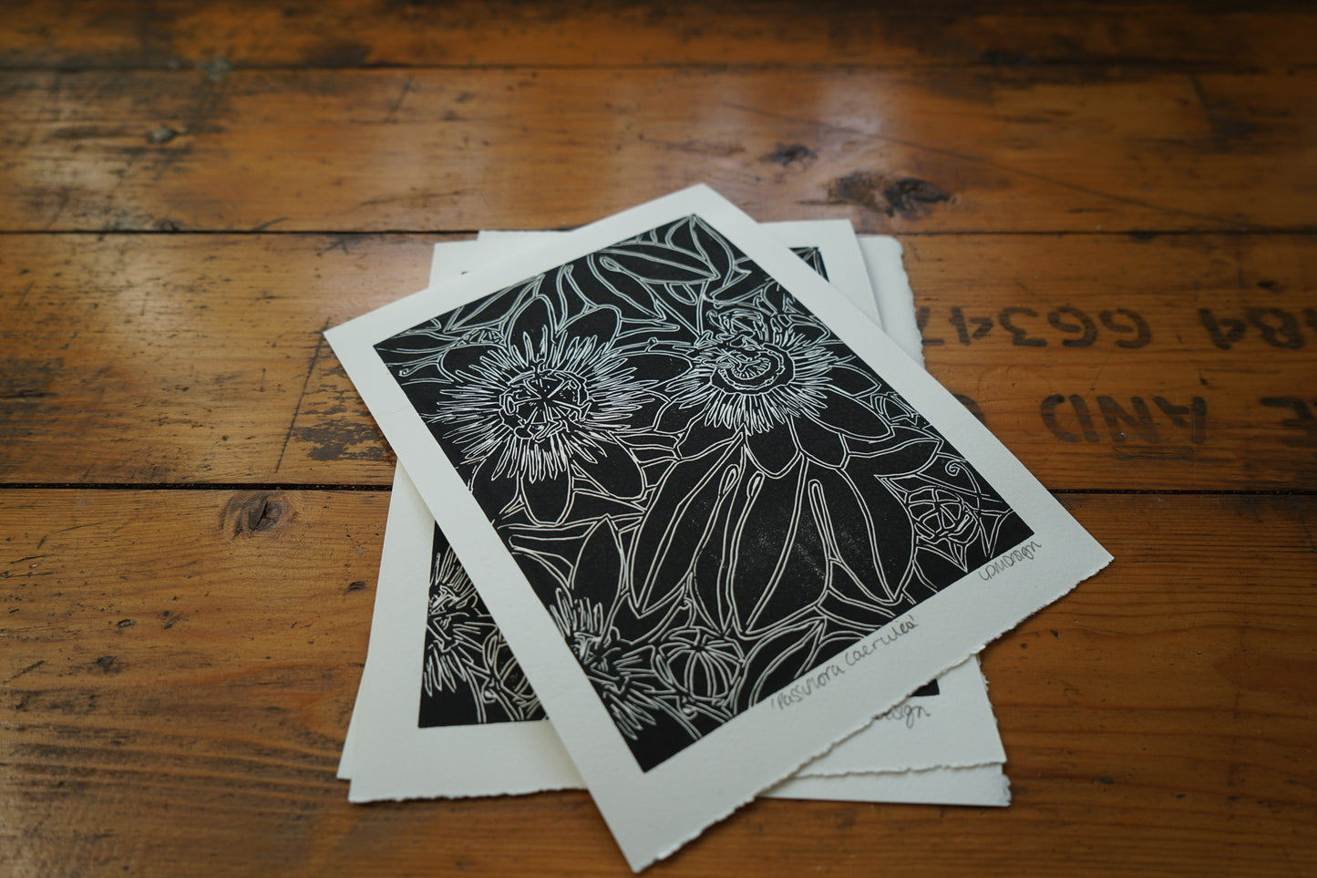 Original Linocut passion flower Print ‘Passiflora Caerulea’