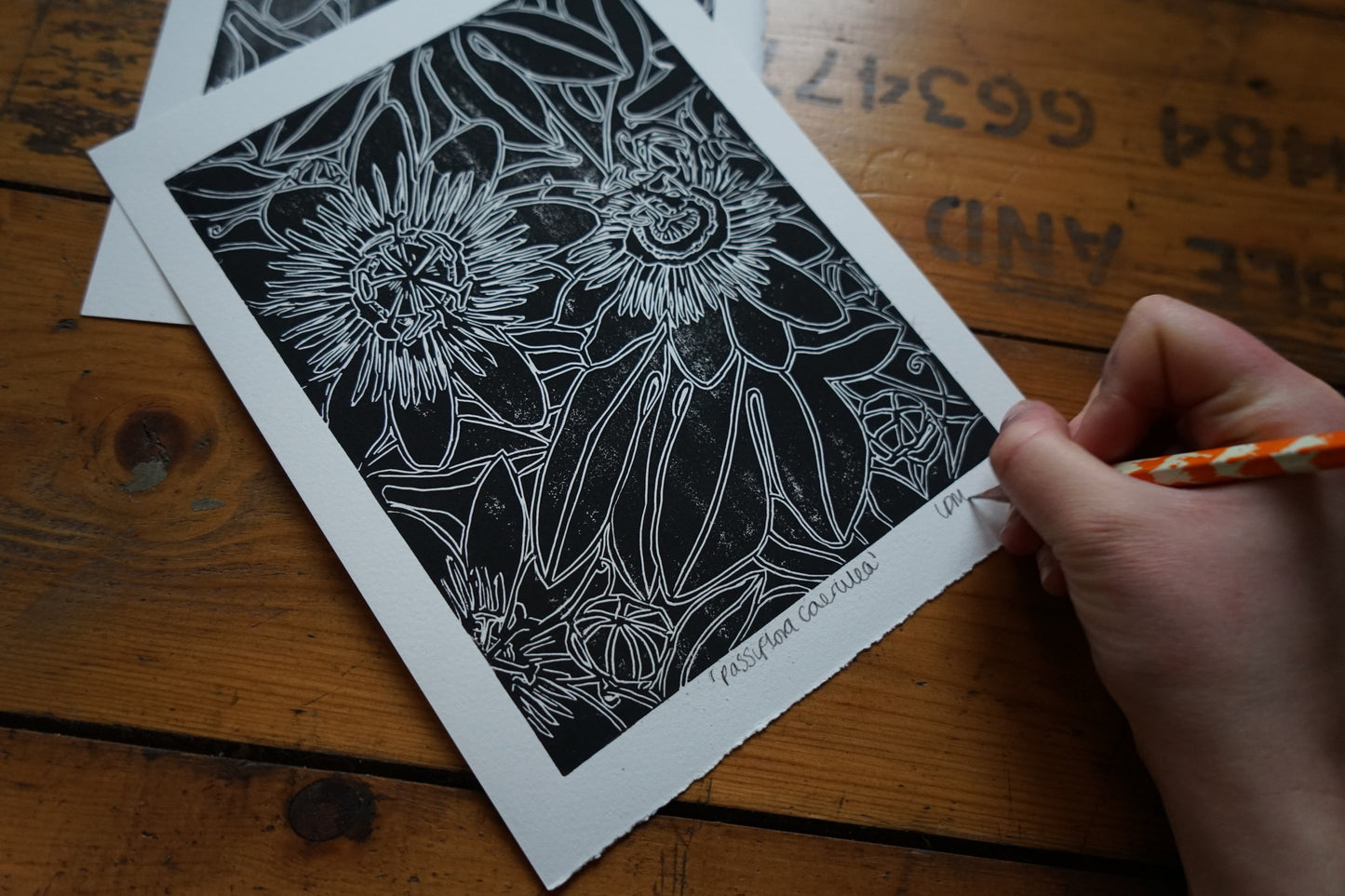 Original Linocut passion flower Print ‘Passiflora Caerulea’
