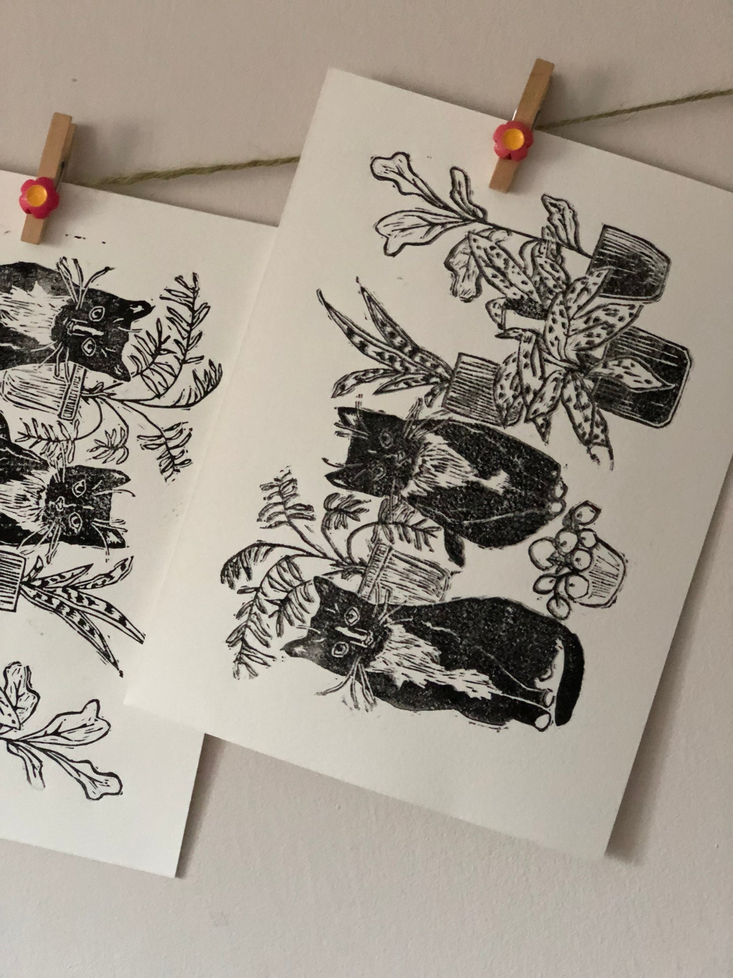 Original Linocut ‘Cats & plants’ print