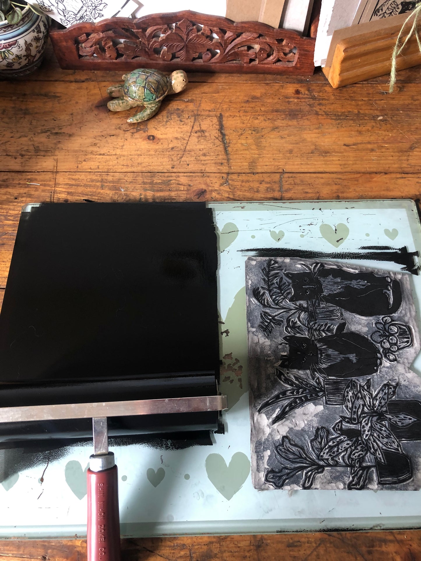 Original Linocut ‘Cats & plants’ print