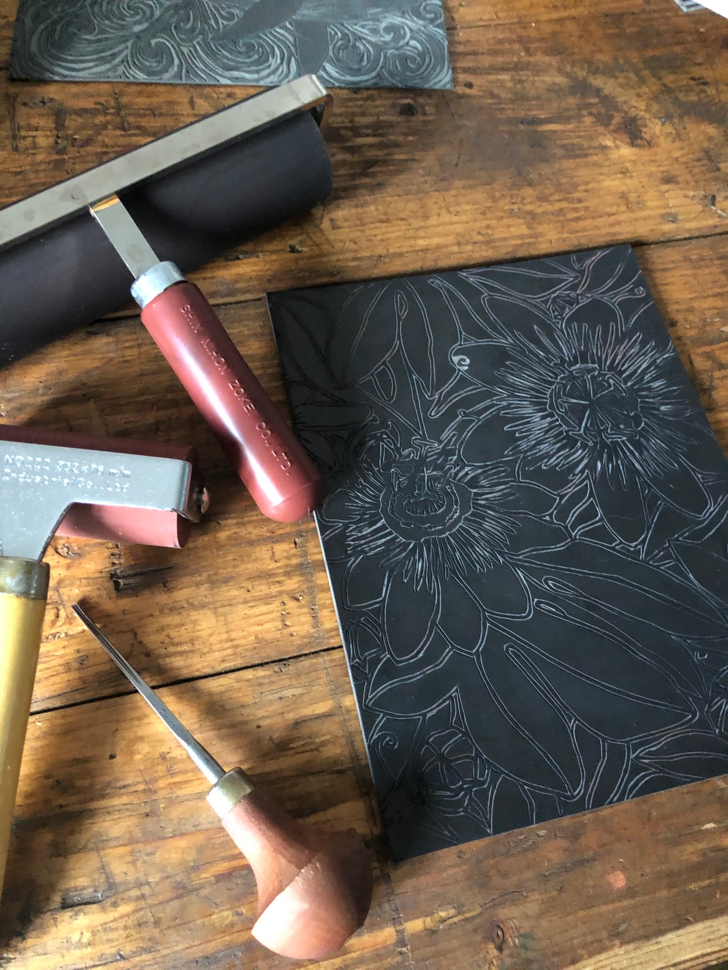 Original Linocut passion flower Print ‘Passiflora Caerulea’