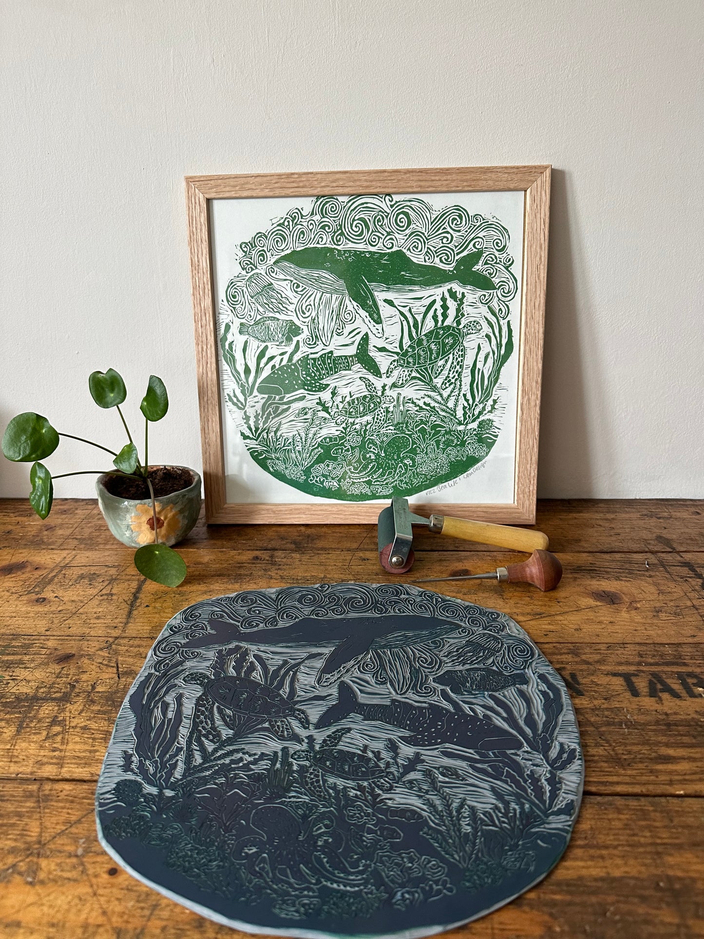 Original Linocut ‘Sea Life’ print.