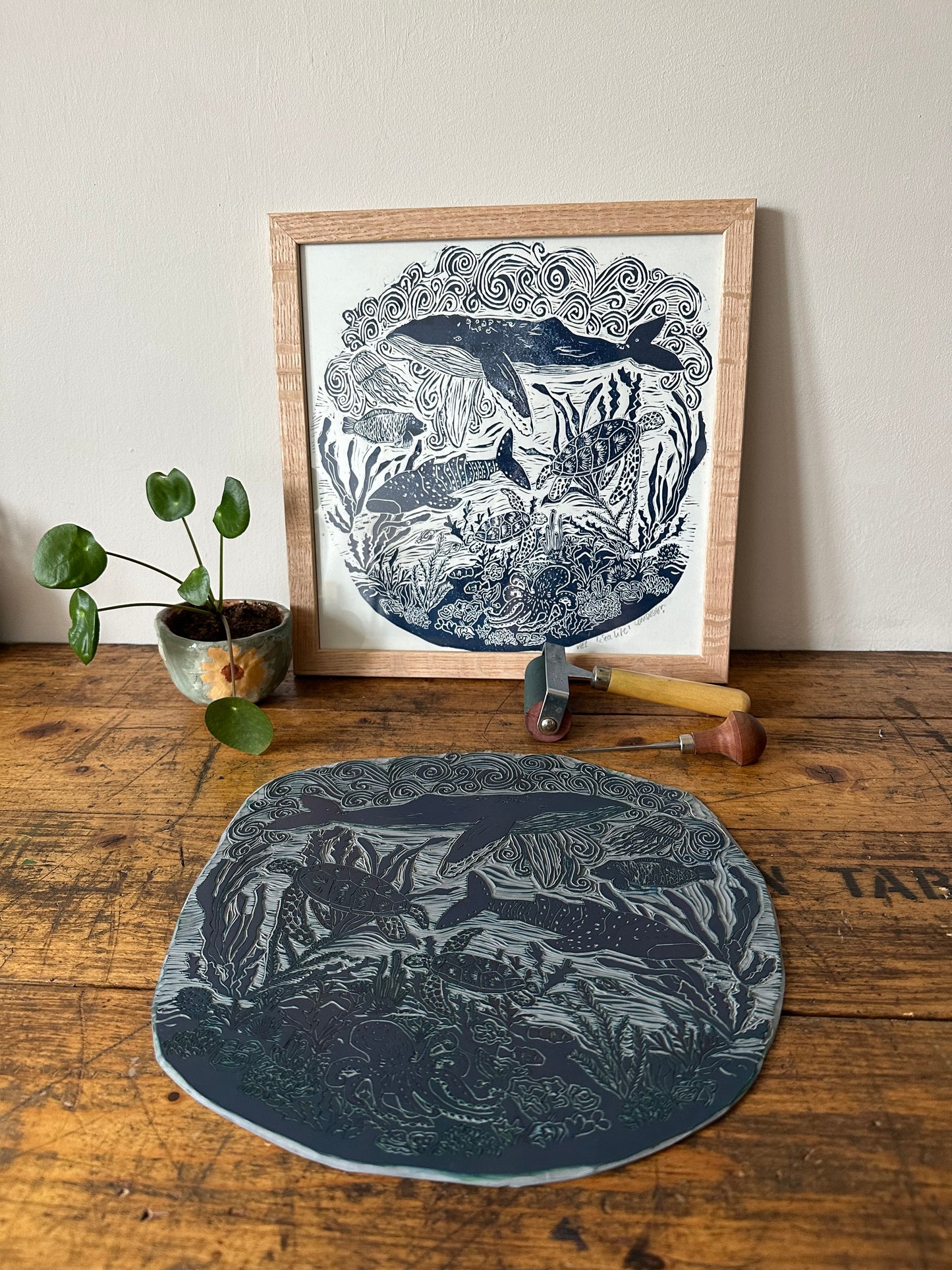 Original Linocut ‘Sea Life’ print.