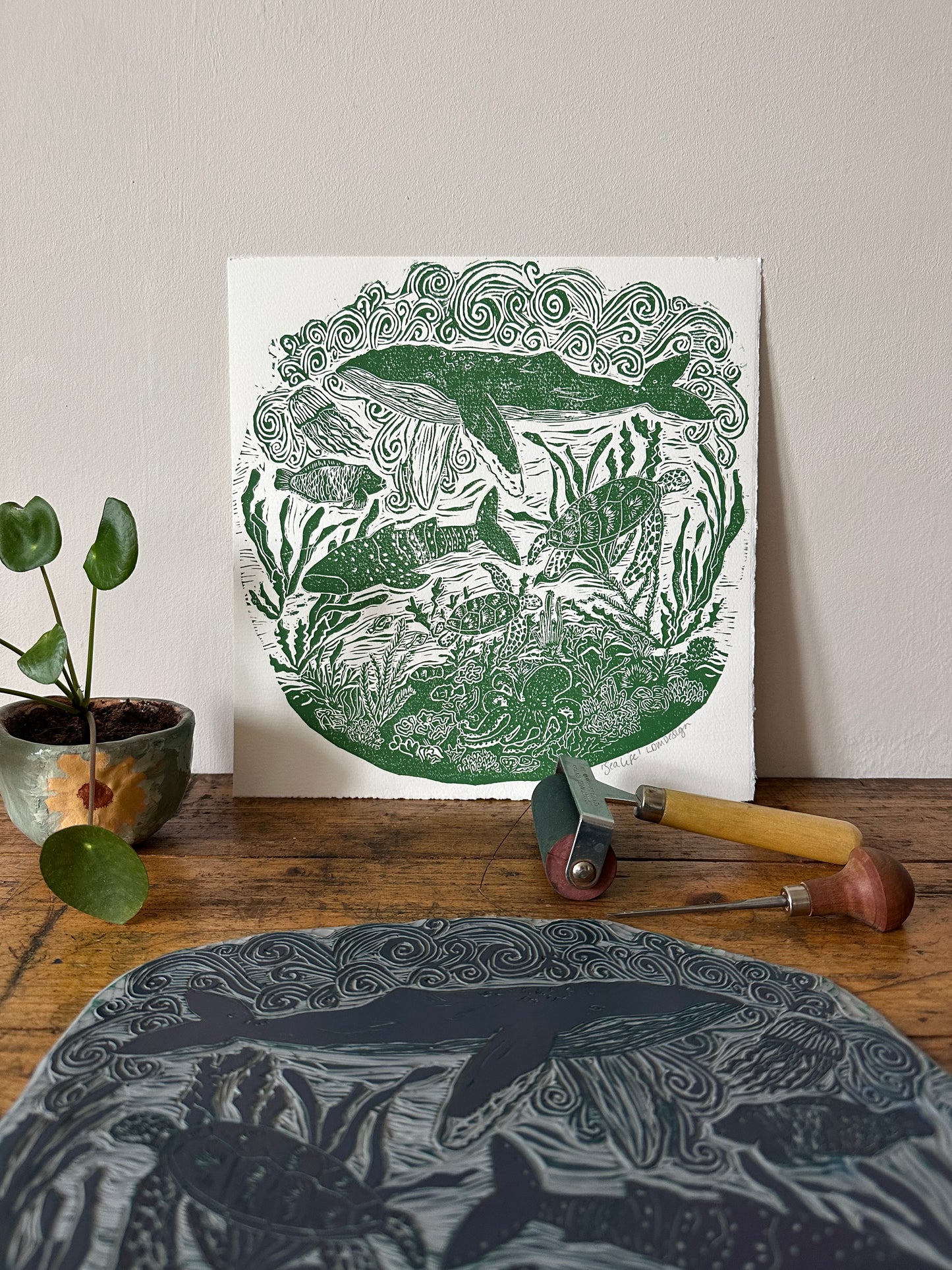 Original Linocut ‘Sea Life’ print.
