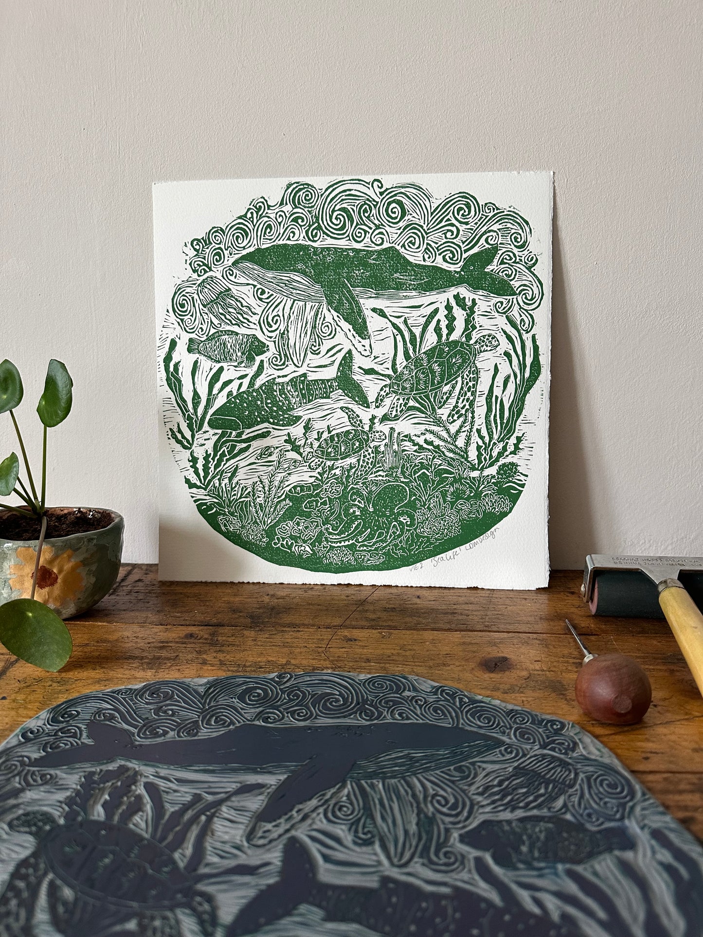 Original Linocut ‘Sea Life’ print.
