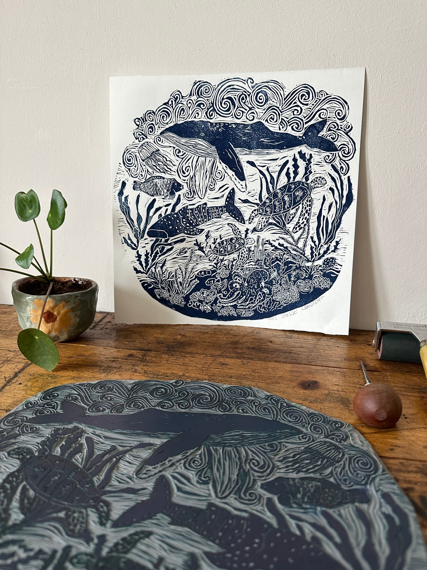 Original Linocut ‘Sea Life’ print.