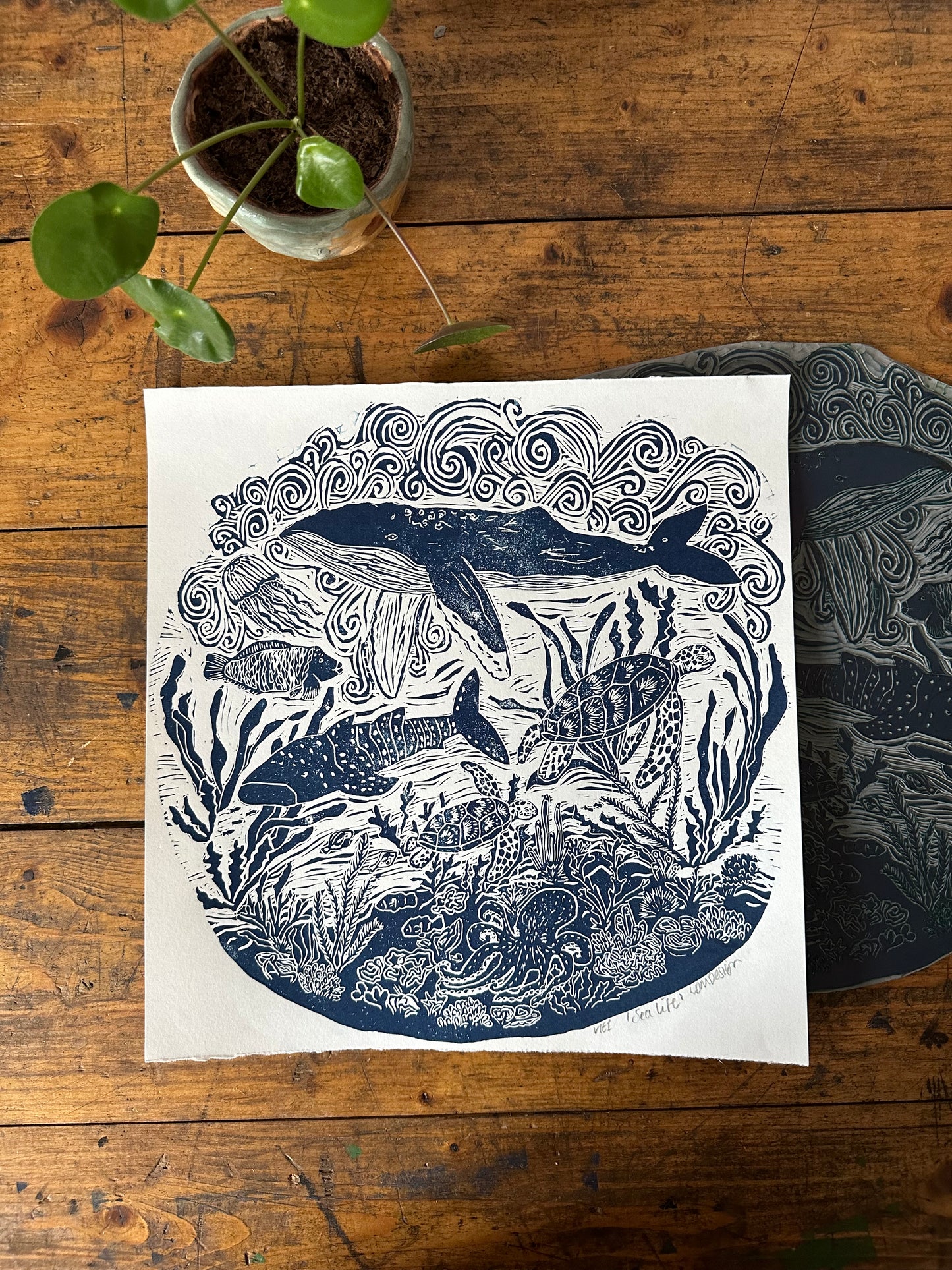 Original Linocut ‘Sea Life’ print.