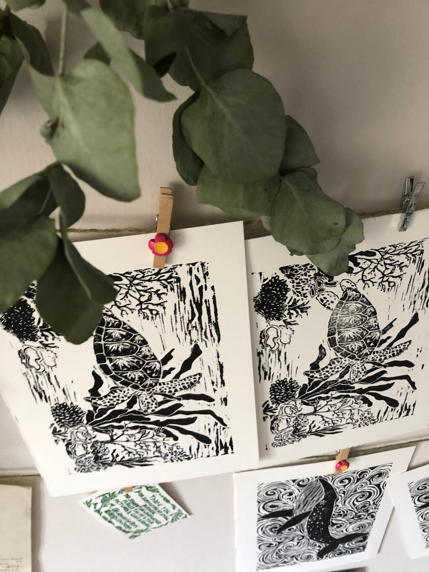 Original Linocut ‘Green Turtle & coral’ print.