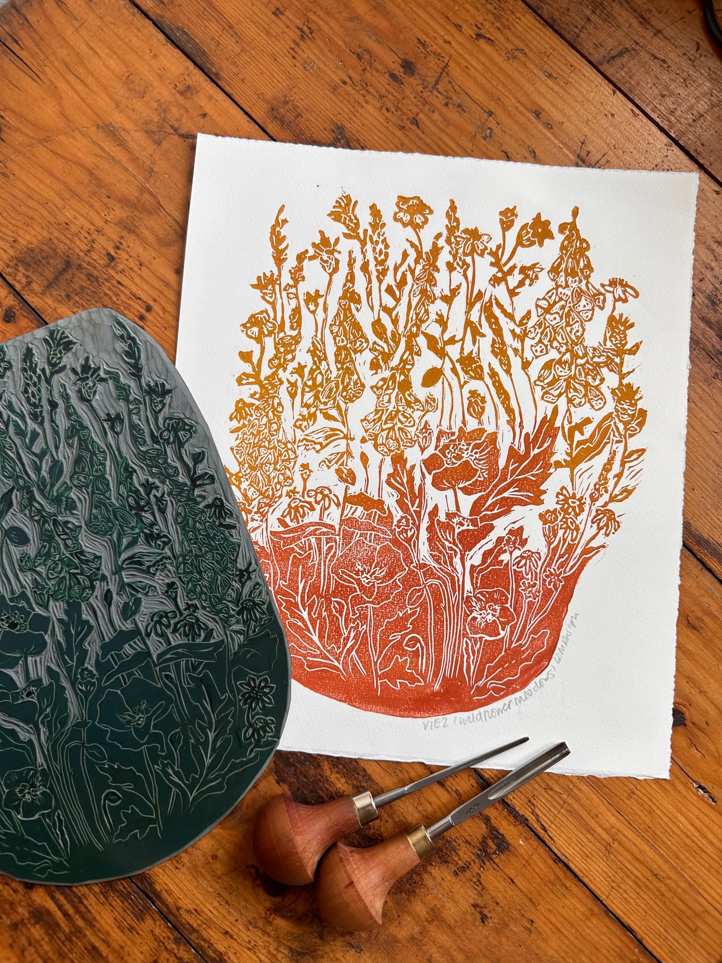 Original Linocut Sunset ‘Wildflower Meadow’ print