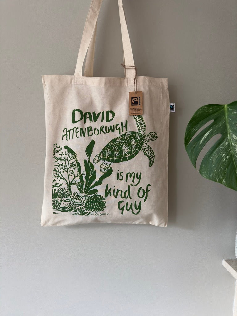 Eco friendly GOTS Organic Fairtrade David Attenborough, Turtle tote bag.
