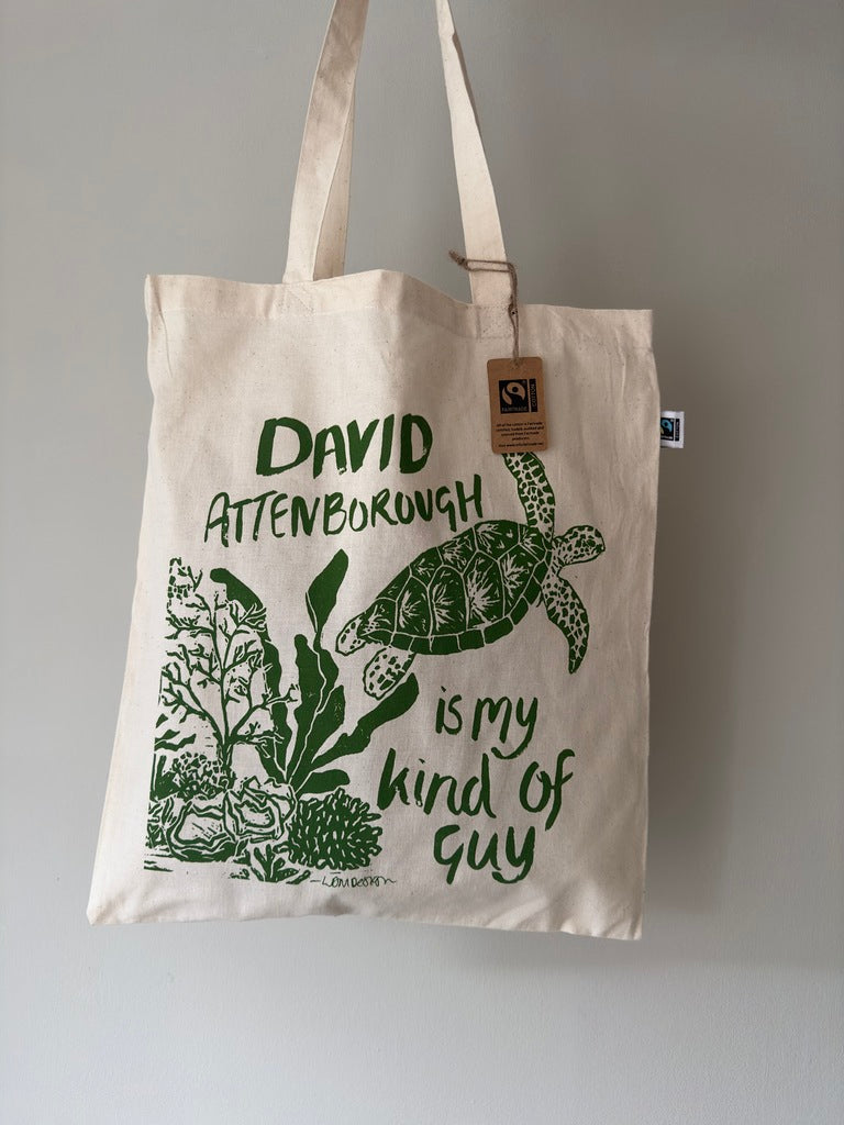 Eco friendly GOTS Organic Fairtrade David Attenborough, Turtle tote bag.