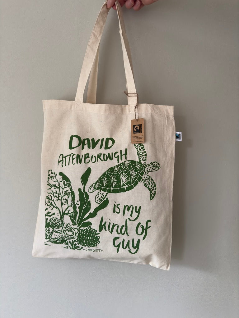 Eco friendly GOTS Organic Fairtrade David Attenborough, Turtle tote bag.