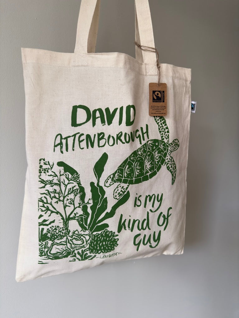 Eco friendly GOTS Organic Fairtrade David Attenborough, Turtle tote bag.