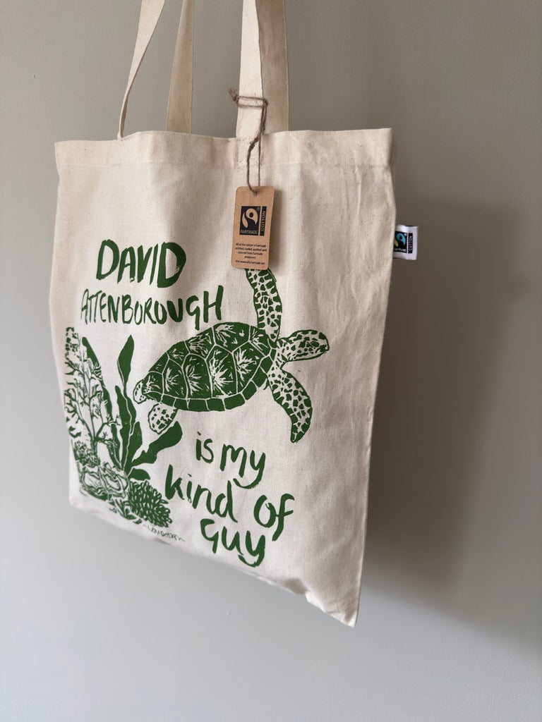 Eco friendly GOTS Organic Fairtrade David Attenborough, Turtle tote bag.