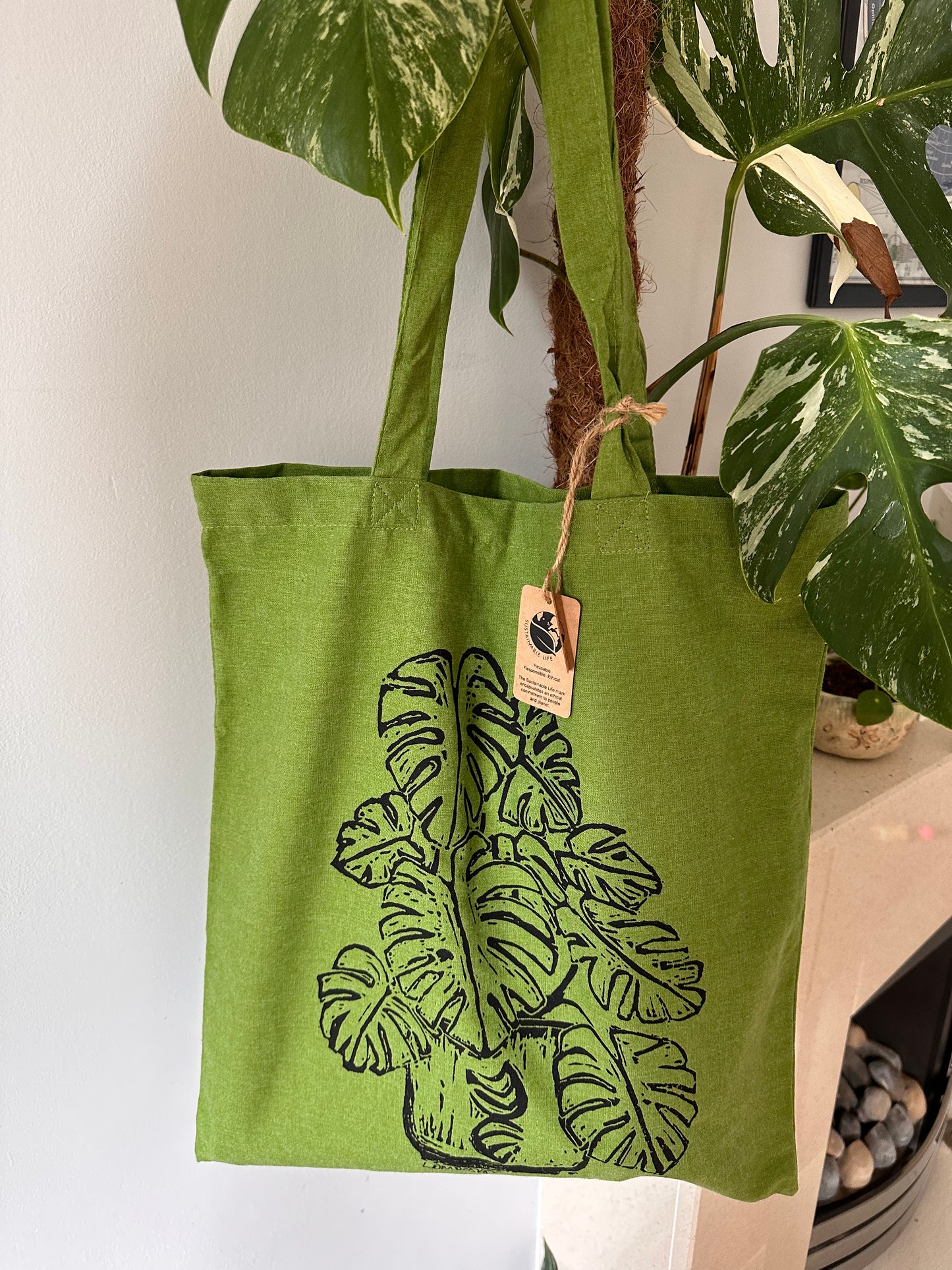 Eco-Friendly recycled plastic RPET Monstera Deliciosa tote bag.