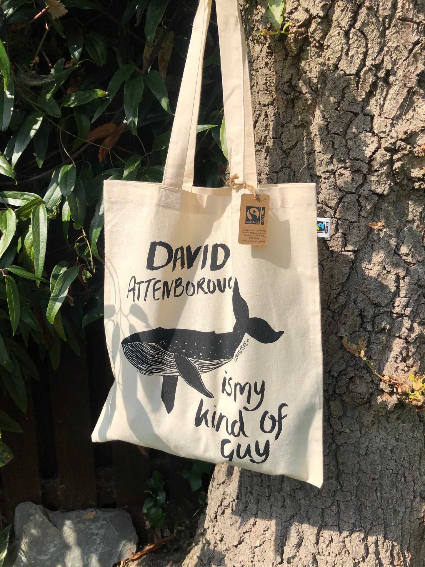 Eco friendly GOTS Organic and FairTrade David Attenborough, Whale tote bag.