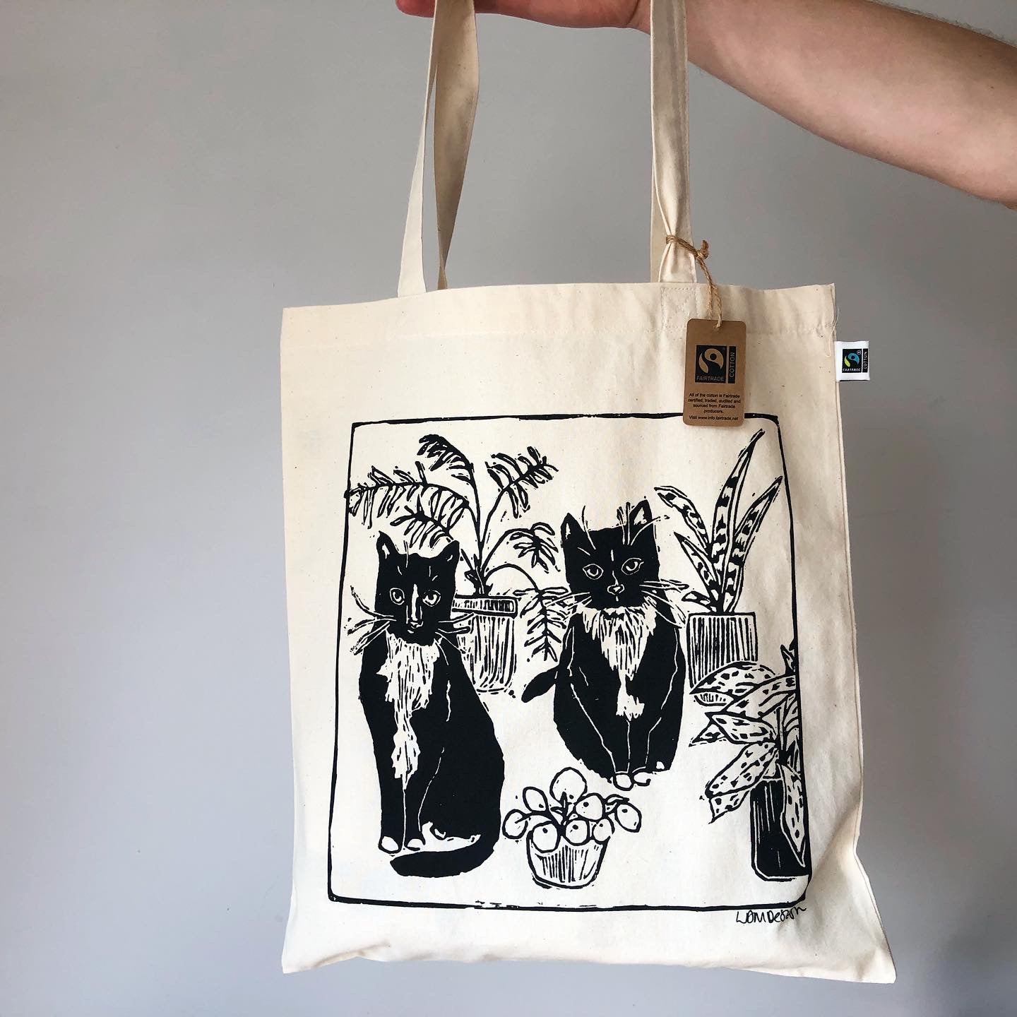 Eco friendly GOTS Organic and FairTrade Cats & Plants tote bag