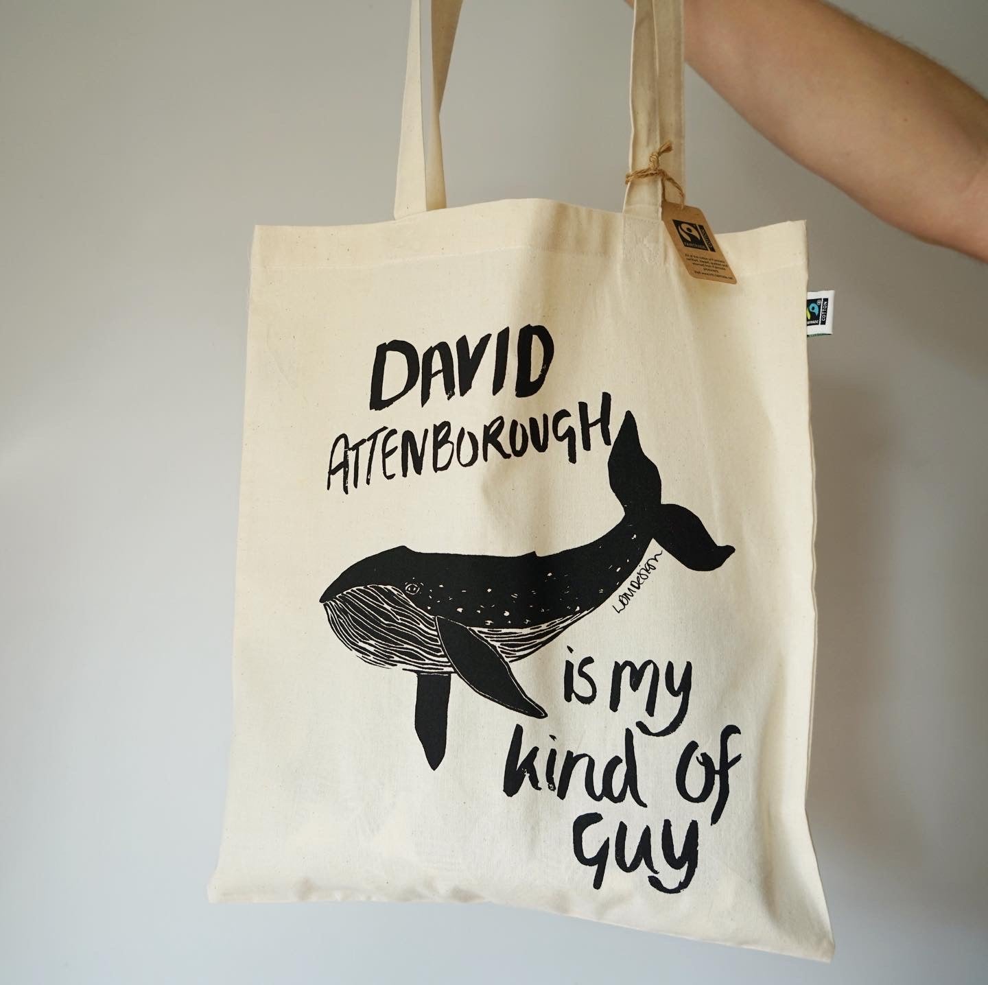 Eco friendly GOTS Organic and FairTrade David Attenborough, Whale tote bag.
