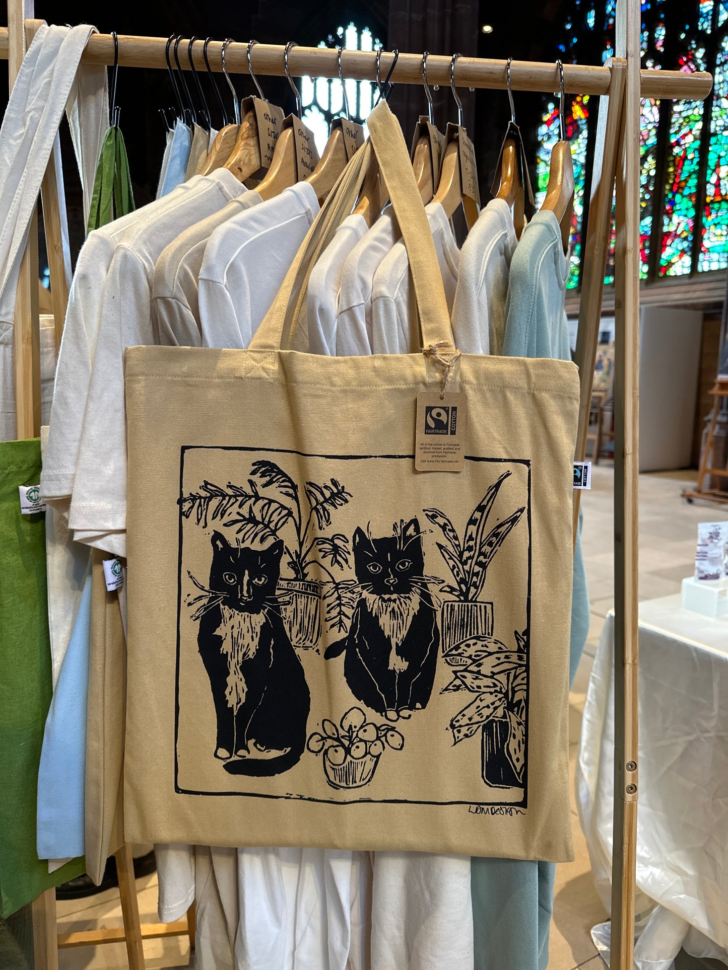 Eco friendly GOTS Organic and FairTrade Cats & Plants tote bag